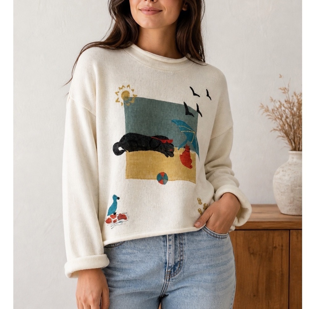 Avalin Vintage Cotton Knit Novelty Beach Cat Sweater Cream OS Coastal Oversized
